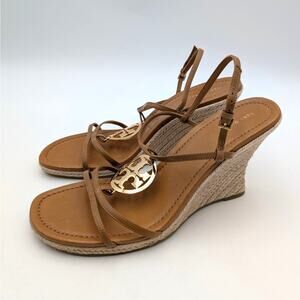 Tory Burch Capri Miller Wedge Sandals Women's Caramel Corn/Gold Size US11M EU41